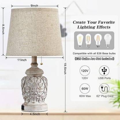 19.5" Vintage Rustic Table Lamp Set of 2 Farmhouse Table Lamps for Living Room Bedroom Decor with USB Ports Traditional Carved Floral White Bedside Night Light Lamps with Pull Chain Switch