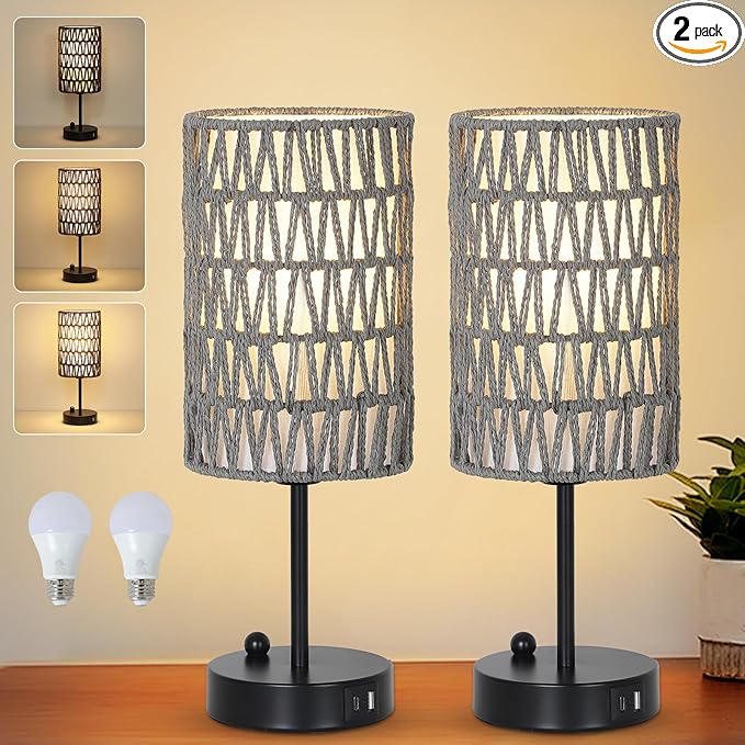 Gray Bedside Lamps Set of 2, Touch Control Night Stand Lamp for Bedroom with Rattan & Linen Shade & Bulbs, 3 Way Dimmable Small Boho Table Lamps with USB Charging Port & Phone Stand