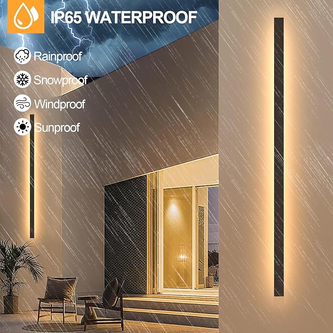 Porch Wall Lights 79 Inch Black Outdoor Wall Light 3000K Modern Waterproof Anti Rust Exterior Wall Sconces Long LED Linear Exterior Lighting Fixtures for Patio Garage Swimming Pools