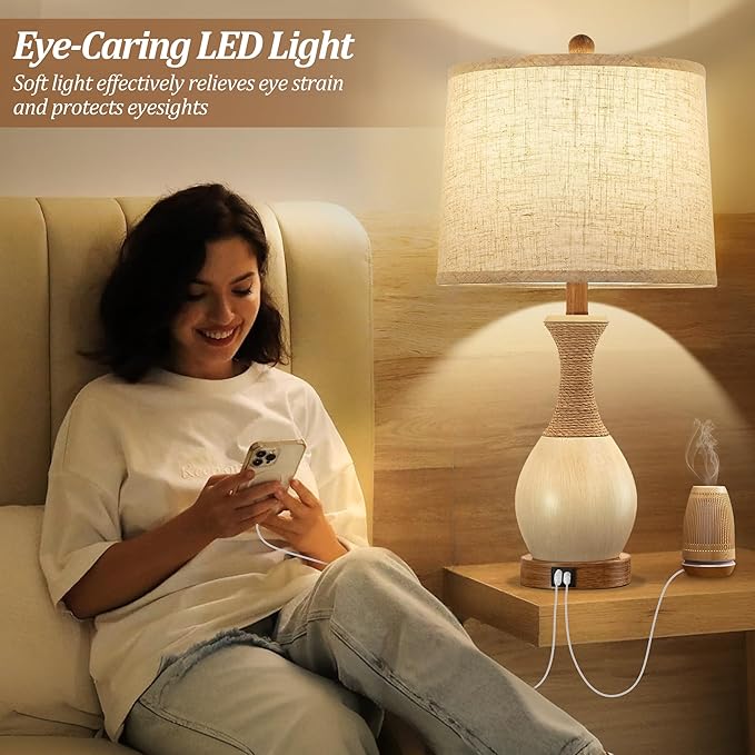 Table Lamp for Bedroom Set of 2 - Bedside Table Lamps with Adjustable Color Temperatures - Boho Rattan Lamps for Nightstand with USB A+C Charging Ports Farmhouse Living Room Lamp Bulb Included