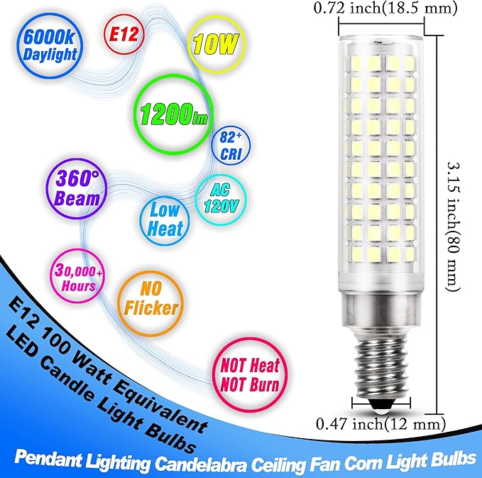 E12 100 Watt Equivalent LED Candelabra Bulbs 10W 6000K Daylight White 1200lm 120 Volt C7 T6 E12 LED Pendant Lights for Chandelier Ceiling Fan Corn Light Bulbs Salt Lamp, Non-dimmable, 4 Pack