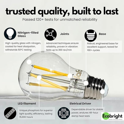 EcoBright 12PK Dimmable A19 LED Filament Bulb 40W Equivalent 5W E26 Base 450 Lumens CRI90 Flicker Free Clear Glass Energy Star Daylight 5000K for Lamps Ceiling Fixtures and Indoor Lighting