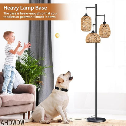 Boho Floor Lamp for Living Room Bedroom,Farmhouse Floor Lamps with 3 Rattan Wicker Shades,Rustic Black Vintage Standing Lamp Light 68" Tall Tree Floor Lamp for Office,Reading,Corner