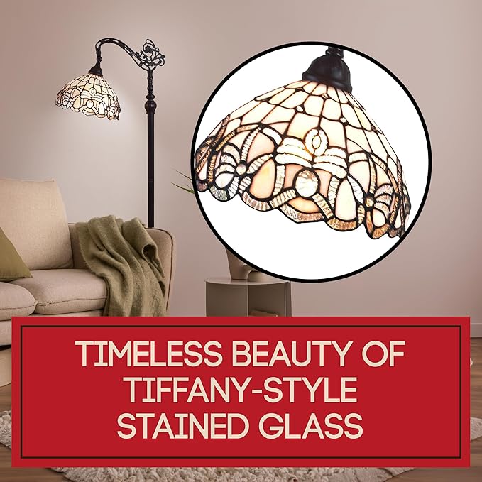 Amora Tiffany Floor Lamp - Arched, Stained Glass 62” - Traditional White Mahogany with Foot Switch Operation and Adjustable Lamp Shade - Custom Handcrafted Floor Lamps for Living Room