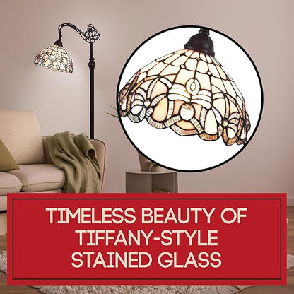 Amora Tiffany Floor Lamp - Arched, Stained Glass 62” - Traditional White Mahogany with Foot Switch Operation and Adjustable Lamp Shade - Custom Handcrafted Floor Lamps for Living Room