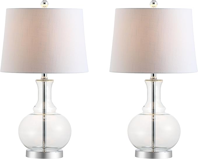 JONATHAN Y JYL1068B-SET2 25" Clear Glass Table Lamp Set of 2 for Living Room Bedroom, Contemporary Glam Bedside Nightstand Lamps with White Linen Drum Shade and Chrome Base, LED Bulbs Included