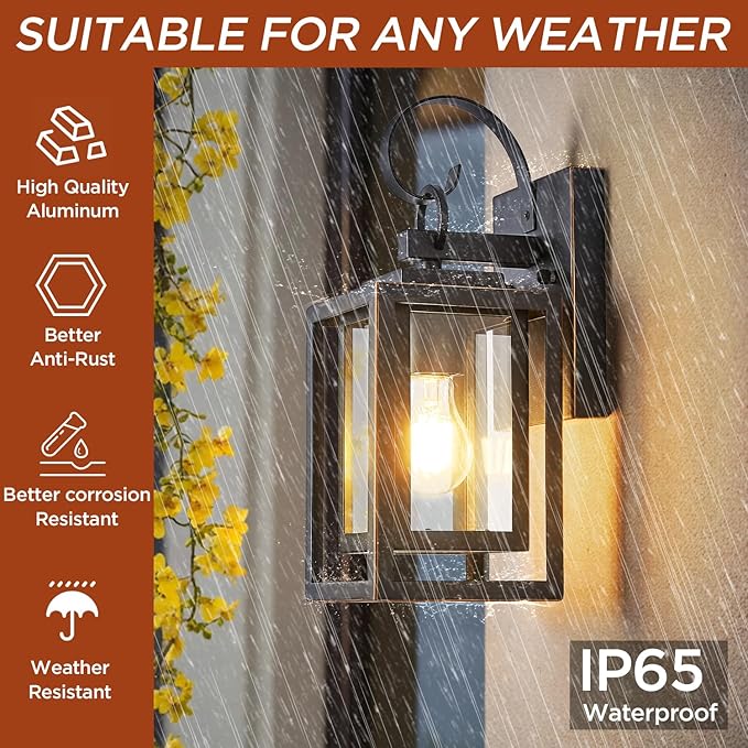 2-Pack Outdoor Wall Lights with Waterproof, Exterior Lighting Fixtures Wall Mount, Black Finish with Gold Trim Porch Lights Outdoor Wall Sconces Lanterns, Modern Coach Lights for House, Doorway