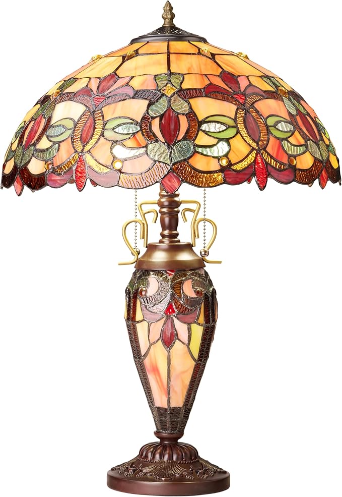 RIVER OF GOODS 24.5" H Victorian Amber Dome Shade Double Lit Tiffany-Style Stained Glass Table Lamp