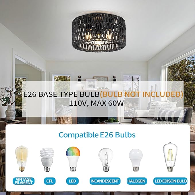 Rattan Ceiling Light Fixture, 3-Light Bohemian Modern Woven Ceiling Light, Black Boho Flush Mount Ceiling Light for Bedroom Living Room Dining Room, Bulb Not Included