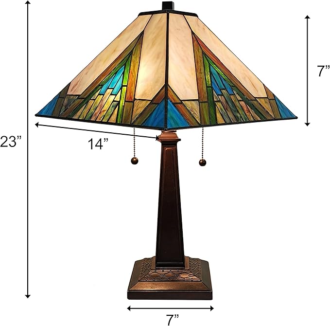 Tiffany Style Table Lamp Banker Mission 22" Tall Stained Glass Ivory Green Antique Vintage Light Decor Nightstand Living Room Bedroom Handmade Gift AM349TL14, 14 in Diameter Amora Lighting