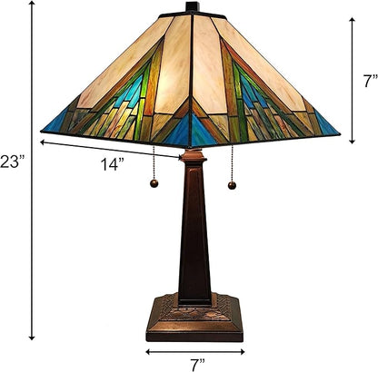 Tiffany Style Table Lamp Banker Mission 22" Tall Stained Glass Ivory Green Antique Vintage Light Decor Nightstand Living Room Bedroom Handmade Gift AM349TL14, 14 in Diameter Amora Lighting