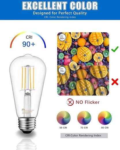 MASTERY MART 6 Pack Vintage Edison Bulbs, E26 Led Bulb 5.5W Equivalent to 60W, Dimmable, 4000K Cool White, High Brightness Antique ST19, Clear Glass