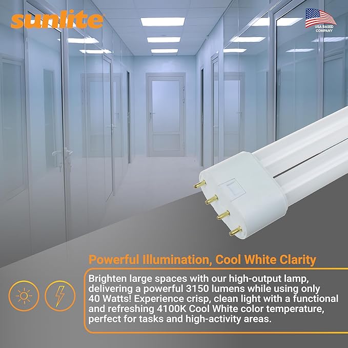 Sunlite FT40DL/841 Twin Tube Compact Fluorescent Lamp, FT 4-Pin, 40 Watts, 3150 Lumens, 4100K Cool White, 4-Pin (2G11) Base, ROHS Compliant, 10 Pack