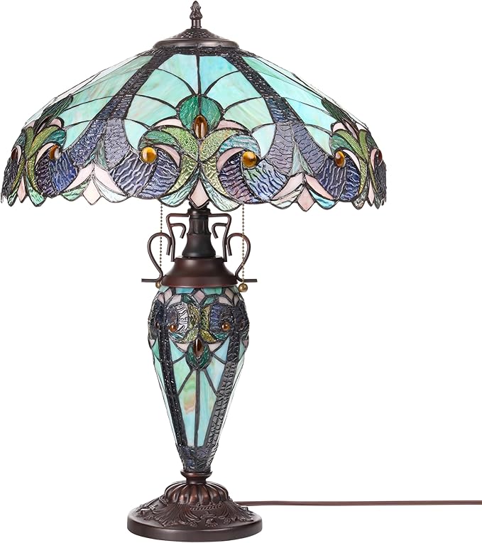 RIVER OF GOODS 24.5" H Halston Double Lit Teal Bowl Shade Stained Glass Table Lamp