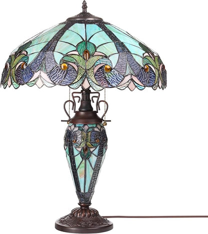 RIVER OF GOODS 24.5" H Halston Double Lit Teal Bowl Shade Stained Glass Table Lamp