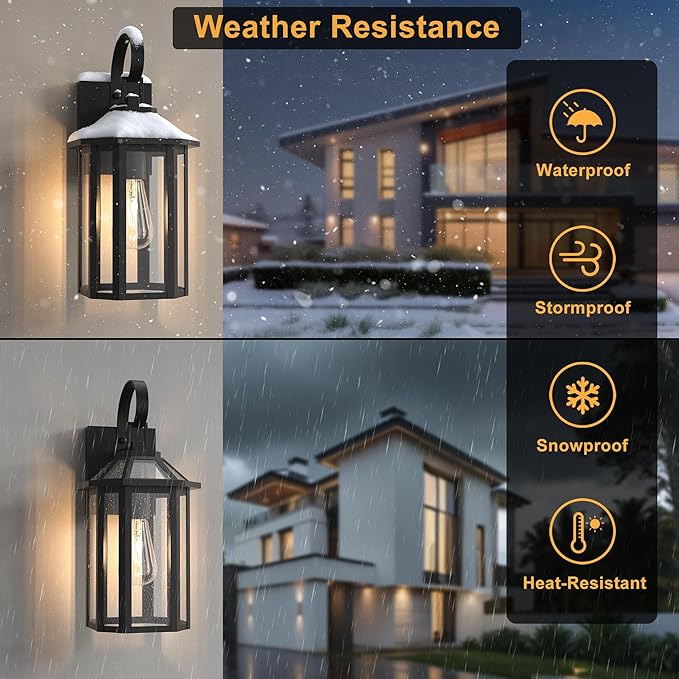 Outdoor Wall Lights, 15.56 Inch Large Waterproof Outside Wall Lantern Sconce, Clear Glass Exterior Lamp for House, Porch, Garage, 1-Light, (E26 Bulb Base, Black)