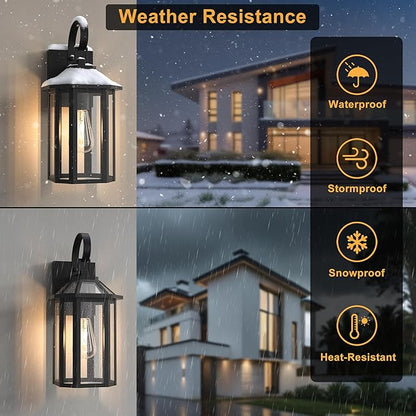 Outdoor Wall Lights, 15.56 Inch Large Waterproof Outside Wall Lantern Sconce, Clear Glass Exterior Lamp for House, Porch, Garage, 1-Light, (E26 Bulb Base, Black)