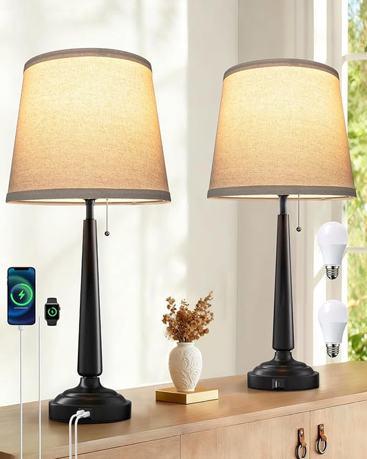 22'' Table Lamps for Living Room Set of 2: Farmhouse Vintage Lamps for Night Stands, Skinny Table Lamp with USB C+A Ports, 3-Way Dimmable Bedroom Lamp with Fabric Linen Lampshade, LED Bulbs Included