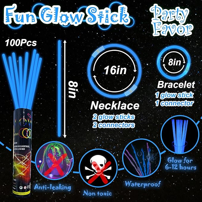 ILHSTY 100 pk 8'' Blue Glow Sticks Glow Necklaces In The Dark Party Favor Supplies Bright GlowSticks Bulk for Birthday Valentine Carnival Christmas New Year Halloween 4th of July Party (Blue*100)