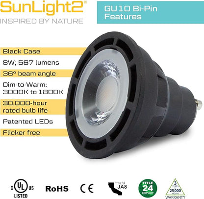 SunLight2® Premium Edition | GU10 LED Bulb 7W | 120V AC | 3000K to 1800K Dim to Warm | CRI 97+ | 36° Beam Angle MR16 Spotlight | Black Finish | 4 Pack | Energy Efficient Flicker Free