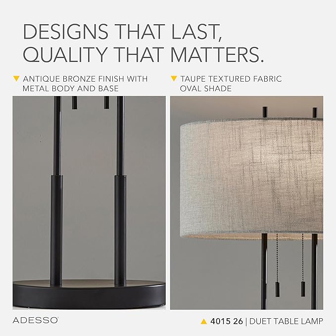Adesso Duet Table Lamp with Dual Pull Chains, Antique Bronze Finish, Taupe Fabric Shade – 27” Tall, Versatile Bedside Table or Desk Lamp