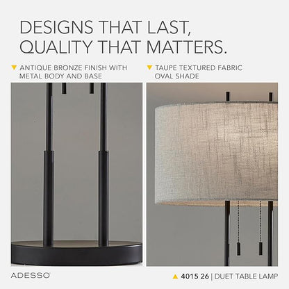 Adesso Duet Table Lamp with Dual Pull Chains, Antique Bronze Finish, Taupe Fabric Shade – 27” Tall, Versatile Bedside Table or Desk Lamp