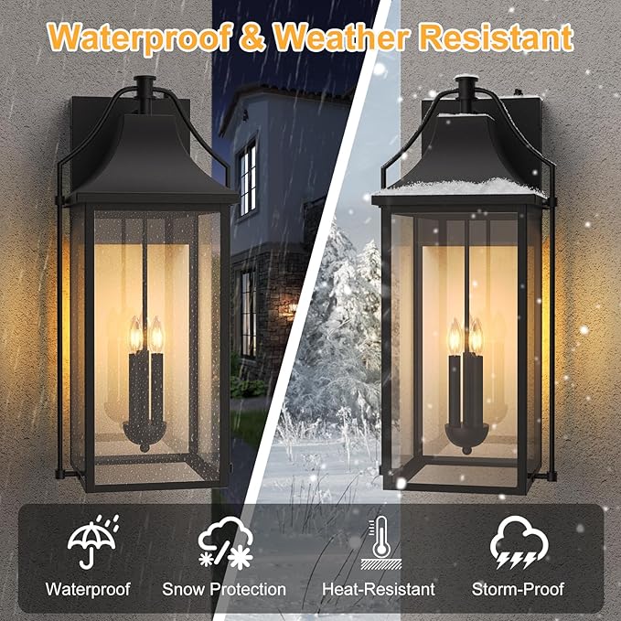 25-INCH Dusk to Dawn Outdoor Wall Light, Large Size Waterproof Patio Lanterns, 3-Light Exterior Wall Mount Lantern Sconce with Glass, Black Wall Sconces for House Garage Front Door