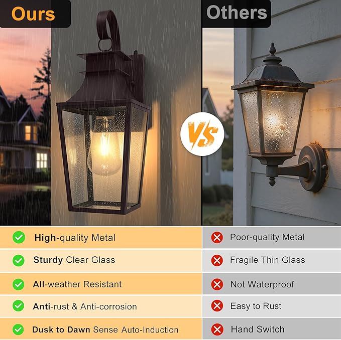 Outdoor Wall Lantern, 𝟏𝟔 𝐈𝐍𝐂𝐇 Dusk to Dawn Outside Light Wall Sconce with E26 Sockets & Clear Glass Shades, Oil Rubbed Bronze Waterproof Outdoor Lights for House Front Door Porch