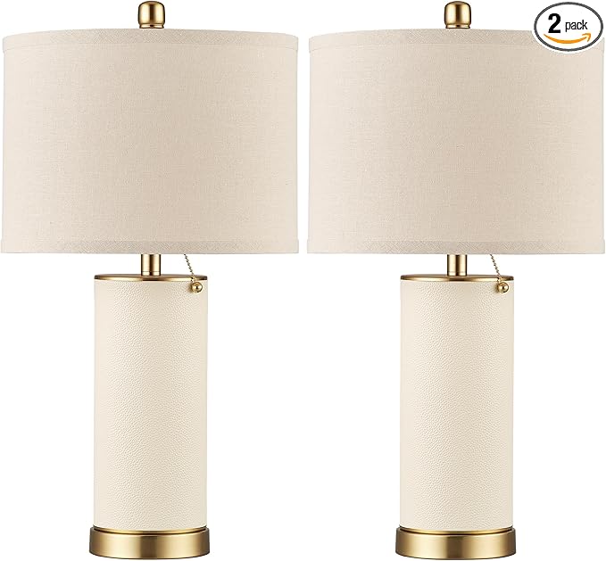 KDG 23.4" White PU Leather Table Lamps for Living Room Set of 2, 3 Level Brightness LED Modern Home Decor Fabric Lampshade Desk Lamp Lighitng for Bedroom, Bedside, Farmhouse, Nightstand, Night Light