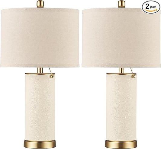 KDG 23.4" White PU Leather Table Lamps for Living Room Set of 2, 3 Level Brightness LED Modern Home Decor Fabric Lampshade Desk Lamp Lighitng for Bedroom, Bedside, Farmhouse, Nightstand, Night Light