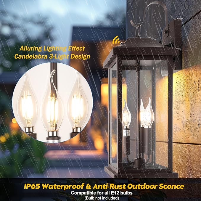 1-Pack 23” Dusk to Dawn Outdoor Light Fixture Oil Rubbed Bronze 3-Light, Extra Large Exterior Lighting Photocell Sensor Outside Wall Lantern for House Brown Porch Garage Light, E12