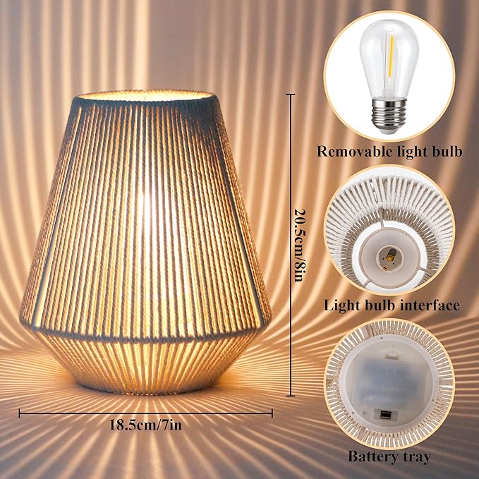 JHY DESIGN Set of 2 Woven Lampshade Table Lamps 8" H Cotton Rope Bedside Light‌s Cordless Decorative Battery Operated Lamps with 6 Hours Timer for Bedroom Living Room Home Parties Patio Events