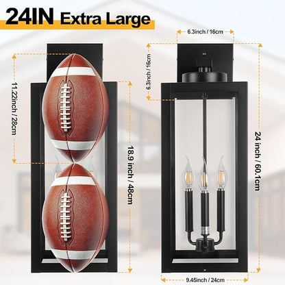 24" Extra Large Fully Enclosed Dusk to Dawn Outdoor Light Fixture 3-Light, Black Outdoor Porch Lantern Wall Mounted, Waterproof Outside Wall Sconce Coach Lamp for House, E12, 2 Packs