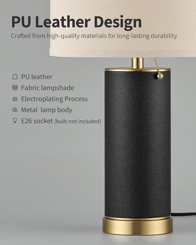 KDG 23.4" Black PU Leather Table Lamps for Living Room Set of 2, 3 Level Brightness LED Modern Home Decor Fabric Lampshade Desk Lamp Lighitng for Bedroom, Bedside, Farmhouse, Nightstand, Night Light