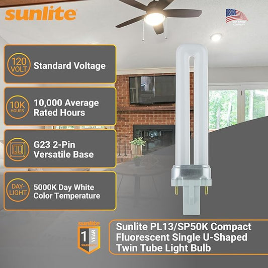 Sunlite PL13/SP50K Compact Fluorescent Single U-Shaped Twin Tube Light Bulb, 13 Watts, 120 Volts, 720 Lumens, 2-Pin GX23 Base, 5000K Daylight, 10 Pack