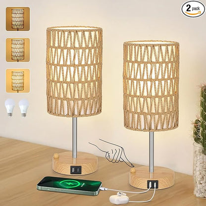 Bedside Lamps Set of 2 with Bulb, Touch Control Nightstand Lamp for Bedroom with Rattan & Linen Shade, 3 Way Dimmable Small Boho Table Lamps with USB Charging Port & Phone Stand