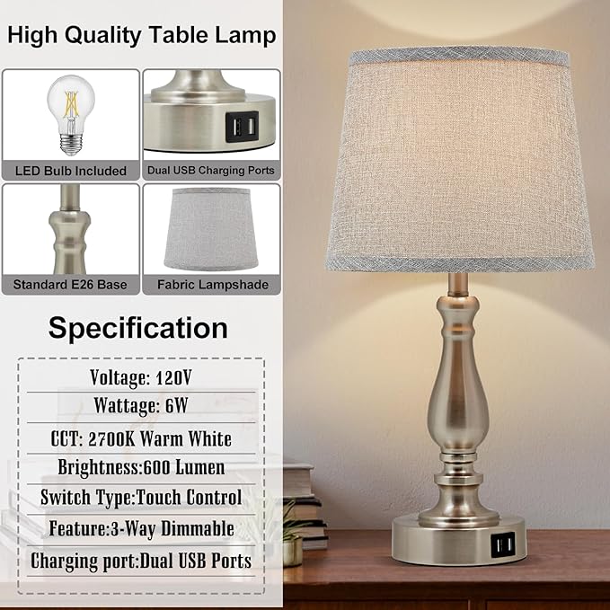 Table Lamps for Bedroom Set of 2,Dimmable Touch Bedside Lamps with Dual USB A+C Ports - Nightstand Lamp for End Table Modern Night Stand Lamps for Living Room Guest Room