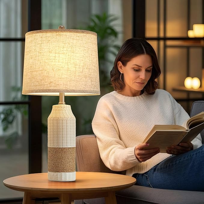 GyroVu Boho Rattan Table Lamps Set of 2, Bedside Table Lamps for Night Stands, Vintage Farmhouse Rattan Table Lamp Antique for Decoration, Bedroom, Living Room, Bedside Table