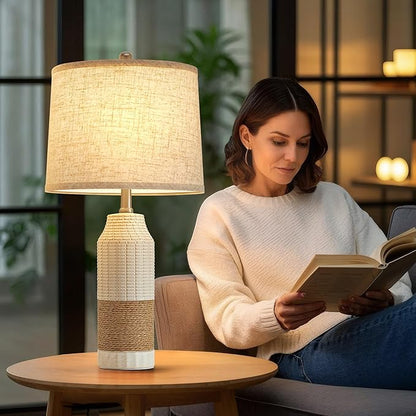 GyroVu Boho Rattan Table Lamps Set of 2, Bedside Table Lamps for Night Stands, Vintage Farmhouse Rattan Table Lamp Antique for Decoration, Bedroom, Living Room, Bedside Table