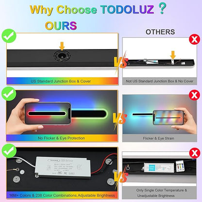 TODOLUZ 2-Pack 48-Inch RGB Dimmable Outdoor Wall Sconce Lighting, IP65 Waterproof 30W Exterior Long Linear Porch Wall Light Fixture with Remote Control