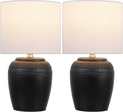 JONATHAN Y JYL5707A-SET2 16.75" Black Rustic Reeded Ceramic Table Lamp Set of 2 for Living Room, Traditional Farmhouse Bedside Nightstand Lamps with White Linen Shade, LED Bulbs Included