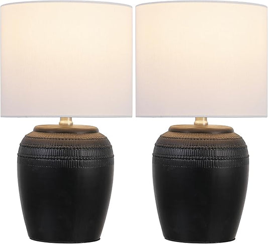 JONATHAN Y JYL5707A-SET2 16.75" Black Rustic Reeded Ceramic Table Lamp Set of 2 for Living Room, Traditional Farmhouse Bedside Nightstand Lamps with White Linen Shade, LED Bulbs Included