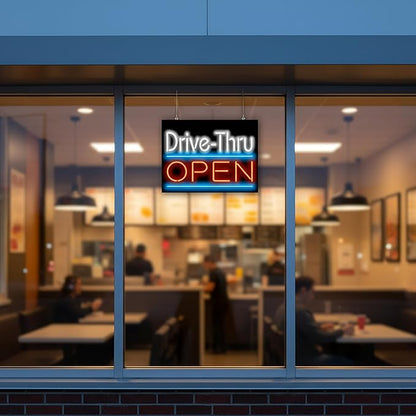 FGM-25-02 - Drive-Thru Open Neon Sign - Compact Size - 24" wide x 18" high - Real, Quality Hand Bent Neon Sign - White & Red Letters with Blue Underlines