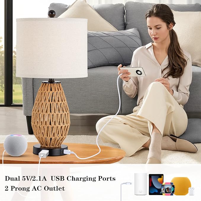 Touch Control Rattan Table Lamps, 3 Way Dimmable Bedside Lamps for Bedroom Set of 2 with 2 USB Ports and AC Outlet, Wicker Nightstand Lamps for Living Room (LED Bulbs Included), Rattan