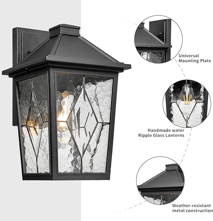 Exterior Waterproof Wall Sconce Light Fixtures Outdoor Wall Lights in Black Finish Outdoor Wall Sconce Lights with Water Ripple Handmade Glass 11 Inch Height