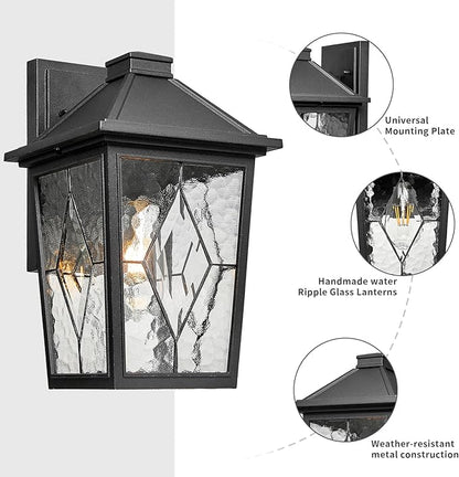 Exterior Waterproof Wall Sconce Light Fixtures Outdoor Wall Lights in Black Finish Outdoor Wall Sconce Lights with Water Ripple Handmade Glass 11 Inch Height