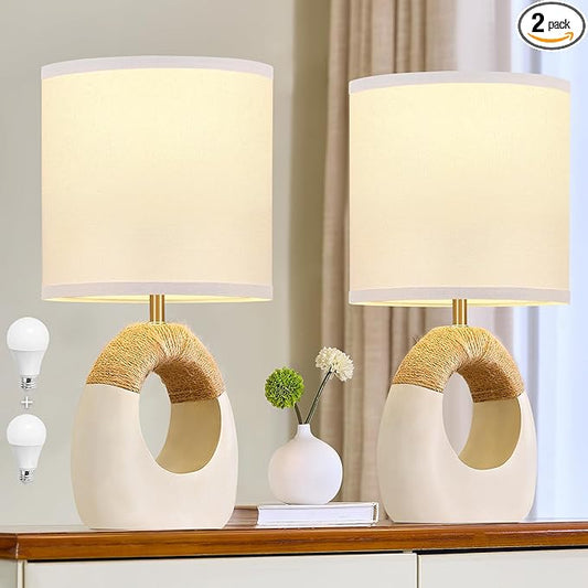 Table Lamp for Bedroom Set of 2 - Bedside Table Lamps with Adjustable Color Temperatures - Boho Rattan Lamps for NightStands Small White Farmhouse Living Room Lamps for Reading Bulbs Included