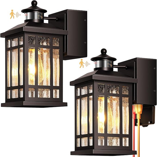 Motion Sensor Outdoor Lights with GFCI Outlet, 2-Pack ORB Dusk to Dawn Outdoor Lights, 5 Lighting Modes Exterior Light Fixture for House Front Door Patio Garage, Brightness Distance Adjustable