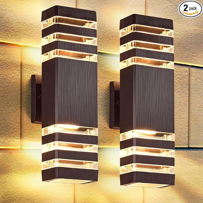 DASTOR Up and Down Outdoor Wall Lights, 3-Layer Brown Modern Outdoor Lights for House, Waterproof Exterior Light Fixture Wall Mount Outdoor Lighting for Porch Garage, 2 Pack