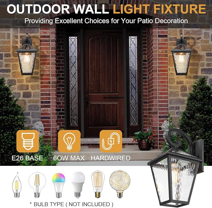 Outdoor Lights Fixtures Wall Mount, Outdoor Wall Lantern with Water Ripple Glass, Waterproof Outside Exterior Wall Sconce Lights Fixture for House, Front Porch, Patio, Large, Matte Black